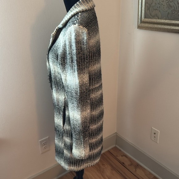 Lucky Brand car coat knit gray ivory stripes button front Sz M - Picture 6 of 12